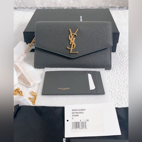 Saint Laurent Uptown Chain Wallet in Grain De Poudre Embossed Leather - Picture 2 of 16